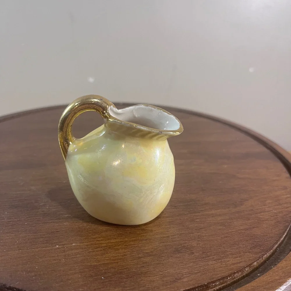 Vtg Man on Moon Face Miniature Creamer Pitcher Yellow Lustre Gold Trim 2.5